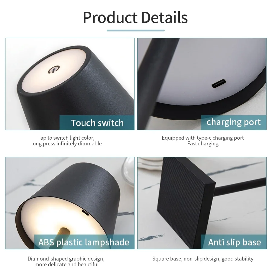 Lâmpada de mesa led usb recarregável lâmpada de mesa toque sem fio 3 cores desktop luz da noite barra restaurante criativo luz ambiente decoração 4