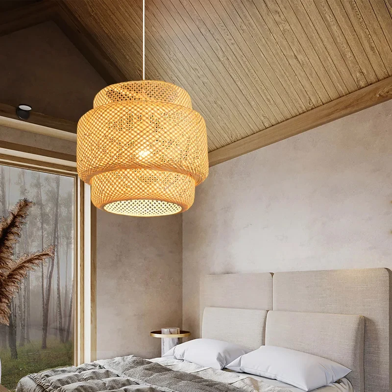 Mão de malha estilo chinês tecelagem lâmpadas penduradas 18/19/30cm bambu luminária restaurante decoração casa luminárias 2