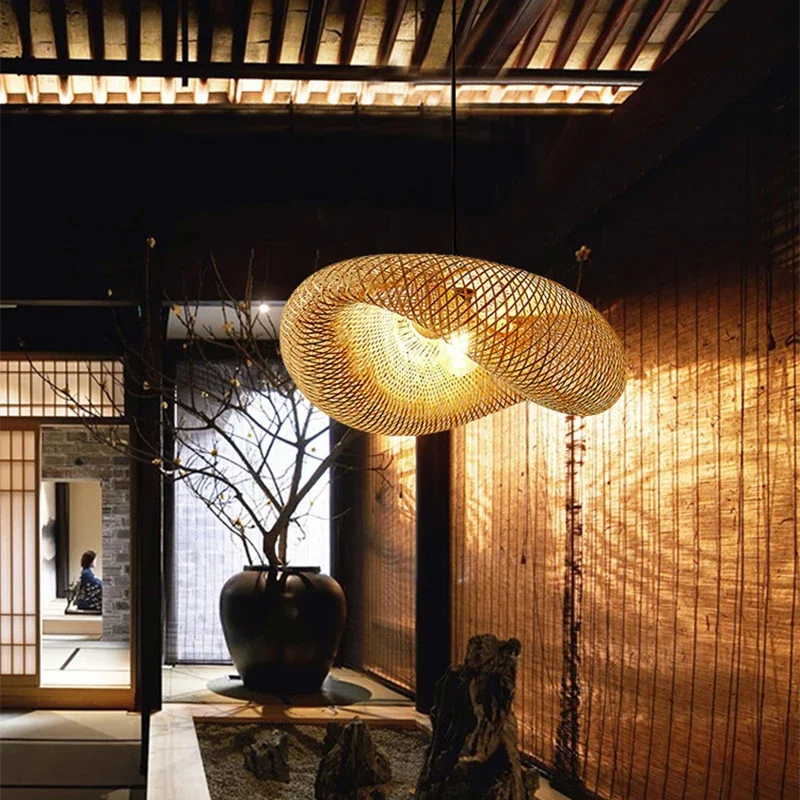 Mão de malha estilo chinês tecelagem lâmpadas penduradas 18/19/30cm bambu luminária restaurante decoração casa luminárias 6