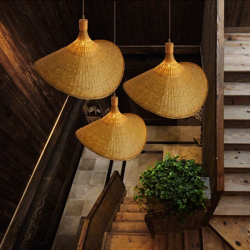 Mão de malha estilo chinês tecelagem lâmpadas penduradas 18/19/30cm bambu luminária restaurante decoração casa luminárias 5