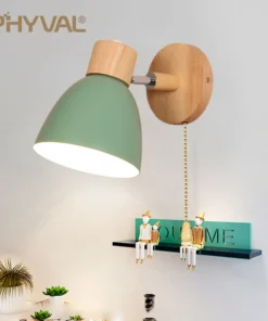 Nordic de madeira lâmpada parede com interruptor moderna arandela para o quarto sala estar iluminação casa macaroon 6 cores cabeça direção e27 2