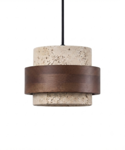 Luminária Pendente LED em Pedra Natural e Madeira Nogueira – Design Retrô Moderno para Quarto, Sala, Bar e Restaurante
